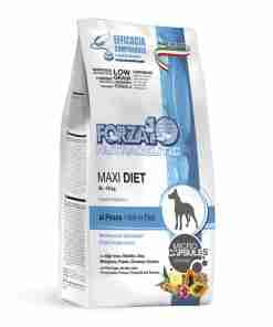 Bag of Maxi Diet dog food for large dogs, white and blue package with a circular dog icon and 'Micro Capsules System' label