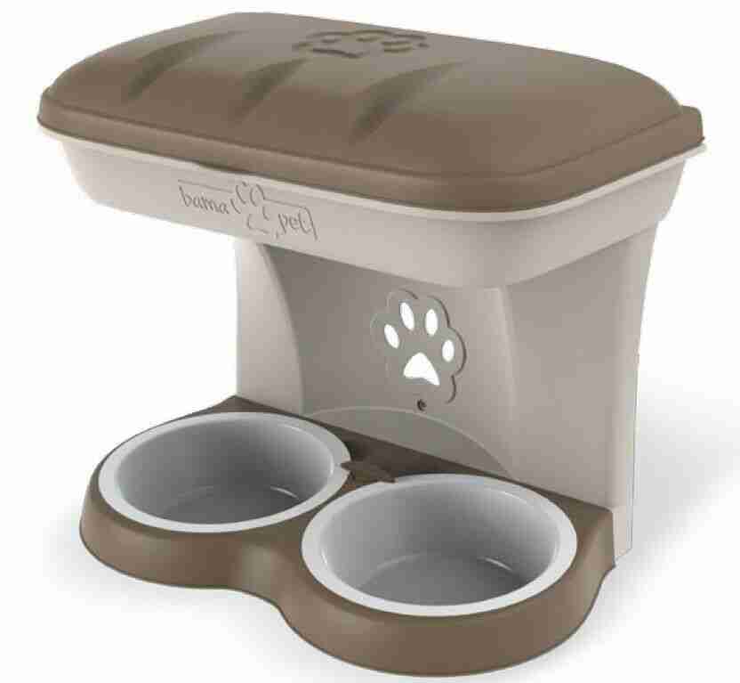 BAMAPET FOOD STAND TORTORA - GioPet - GioPet Two gray bowls set into a brown-trimmed pet feeder with a brown lid and paw-print logo on the side, for feeding pets.