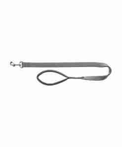 Gray woven dog leash with a metal clasp and a looped handle.