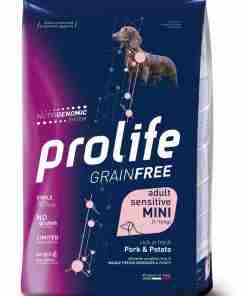 Front of Prolife Grainfree dog food bag for small adult dogs (1–10 kg), Pork & Potato flavor, pink and navy packaging