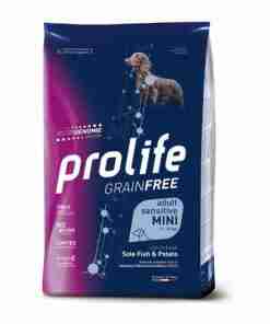 Bag of Prolife Grain Free dog food for adults, Sensitive Mini, Sole Fish & Potato flavor packaging.