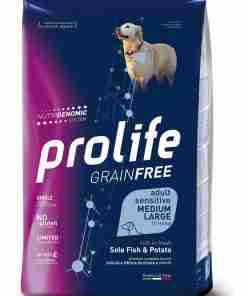 Bag of Prolife Grain Free dog food: Sole Fish & Potato, for adult sensitive dogs (Medium-Large). Blue-pink packaging with dog image on front.