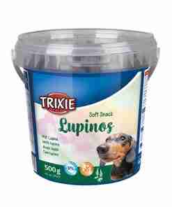 Container of Trixie Lupinos soft dog snacks, blue tub with a dachshund image (500 g).
