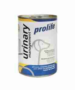 Can labeled Prolife Urinary Management for dogs, blue-yellow packaging with a simple dog head graphic and bold product name on the can’s label