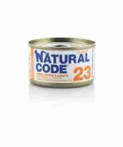Canned pet food labeled 'Natural Code 23' in jelly, shown with blue and orange branding on the can surface