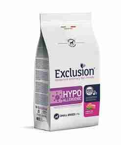 Bag of Exclusion hypoallergenic dog food for small breeds, front view with purple label and small breed icon.