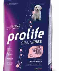 PROLIFE DOG PUPPY GRAIN FREE SENSITIVE MEDIUM LARGE KG 10 MAIALE - GioPet - GioPet Dog food bag labeled Prolife Grain Free Puppy Sensitive Medium/Large, pork & potato formula, product of Italy, blue and pink packaging with a small puppy graphic