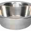 Shiny stainless steel mixing bowl with a wide, flared rim seen at an angle.