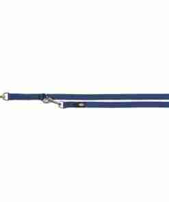 Two blue nylon leashes with silver metal clasps laid out side by side on a white background.