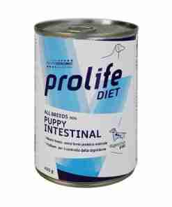 Can of Prolife Diet Puppy Intestinal dog food for all breeds, 400 g, with digestive support label visible