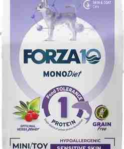 Forza10 Monodiet dog food bag for mini/toy adults 1-10 kg, grain-free, hypoallergenic, for sensitive skin with fish protein.