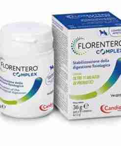 Bottle and matching box of FlorenterO Complex probiotic supplement for digestive health on a white background.