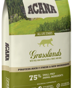 ACANA Grasslands dog food bag with a scenic green landscape and the ACANA logo, labeled for all life stages.