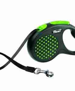 Black and green retractable dog leash with a dotted grip and metal clip at the end