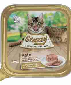 Cat food tin with a tabby cat pictured on the label; label reads 'Paté' with chicken and liver ingredients (100 g). More concise: Cat food tin featuring a relaxed cat and pâté labeled product.