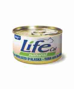 Canned cat food labeled Life Cat natural tuna (85 g) with Alaska tuna illustration on the can rim