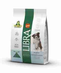 Bag of puppy dog food with a green vertical band, image of a puppy, and the label 'Puppy with Chicken & Rice'
