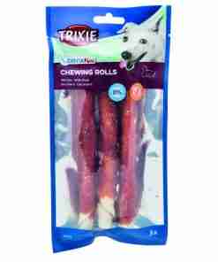Blue bag labeled 'Trixie' Dentafun Chewing Rolls for dogs, three red chewy sticks visible through clear window, image of a white dog on the package.