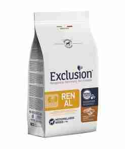 Bag of Exclusion Renal dog food, veterinary diet for medium/large breeds, white package with kidney graphic and renal label.