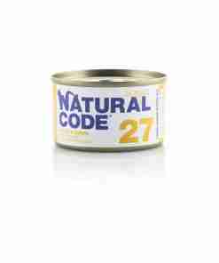 Tin can with a white label reading NATURAL CODE and large yellow 27 on a white background.