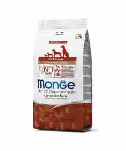 Bag of Monge Natural Superpremium Lamb and Rice dog food for all breeds (puppy and junior).
