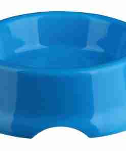 Blue plastic potty chair for toddlers with a wide, curved seat and short legs (empty).