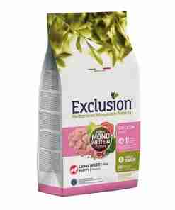 Bag of Exclusion dog food for large-breed puppies, Mediterranean Monoprotein Formula with chicken flavor.
