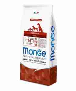 Bag of Monge Natural Superpremium dog food for all breeds (adult), lamb, rice and potatoes flavor; Made in Italy label visible on the package.