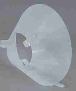 White satellite dish with feed horn mount and support bracket, viewed from the side (parabolic reflector)