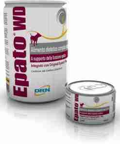 Two dog dietary supplement containers labeled EDALOT MW, a tall can and a small tin, with DRN logo and Italian text on a white background (dog health product).