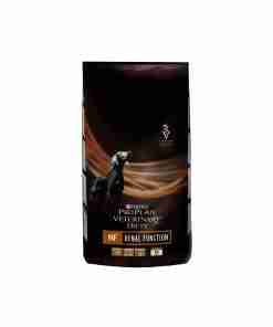 Bag of Purina Pro Plan Veterinary Diets NF Renal Function dog food with a black-and-brown design and a silhouetted dog image on the front, indicating a veterinary diet for kidney support.