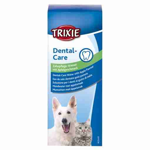 Trixie Dental-Care water carton for pets with dog and cat on front, apple-flavour dental rinse product