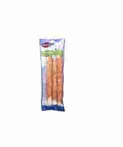 Blue and white Trixie dog treat package containing three long brown chew sticks.