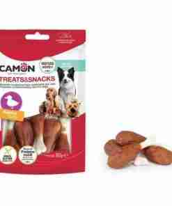 Bag of CAMON Treats & Snacks dog chews with an image of dogs on the package; duck flavor, with three duck-shaped treats to the right.