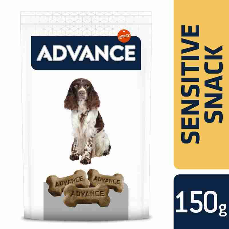 ADVANCE SNACK SENSITIVE GR 150 - GioPet - GioPet Package of Advance dog treats showing a sitting spaniel and bone-shaped biscuits; 150 g label on the side (sensitive snack).