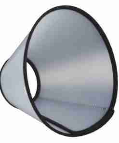 Metal megaphone horn with a wide circular opening and black rim, viewed from the side