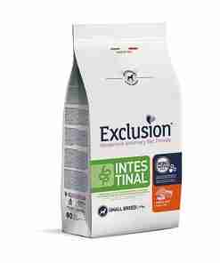 Bag of Exclusive Intestinal (Intestinal) small breed dog food with green label and orange/blue nutrient panels on the front, Made in Italy mark visible, white packaging.