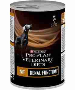 Canned dog food labeled Purina Pro Plan Veterinary Diets NF Renal Function for renal support in dogs.