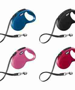 Four retractable dog leashes in blue, black, pink, and red with black leashes and handles.