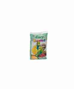 Bag of Fiory bird food with two colorful parakeets on the packaging, teal-green bag