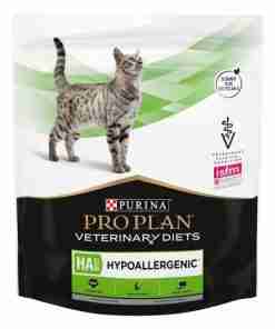 Front of Purina Pro Plan Veterinary Diets Hypoallergenic cat food bag with a tabby kitten standing on a white background and green accents