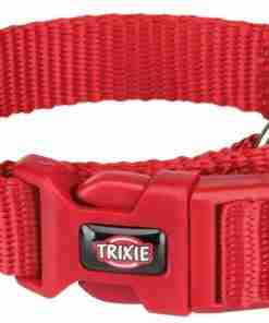 Red nylon dog collar with buckle and silver D-ring for leash attachment (brand: Trixie). Best for pets or dogs.