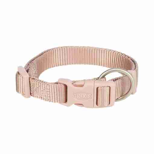 Adjustable pink nylon dog collar with metal D-ring and plastic buckle (brand: Trixie)