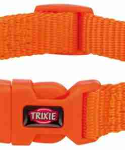 Bright orange adjustable dog collar with a plastic buckle and metal D-ring, labeled TRIXIE.
