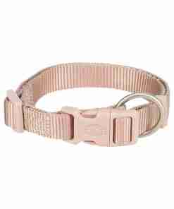 Light pink nylon dog collar with a plastic quick-release buckle and a metal D-ring for leash attachment in the center.
