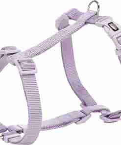 Purple adjustable dog harness with metal D-rings and plastic buckles for walking and control