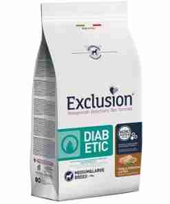 Bag of Exclusion Diabetic dog food for medium–to–large breed dogs; monoprotein veterinary formula.
