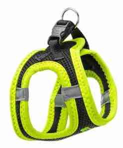 Neon yellow and black dog harness with a metal leash ring and adjustable straps for secure attachment.